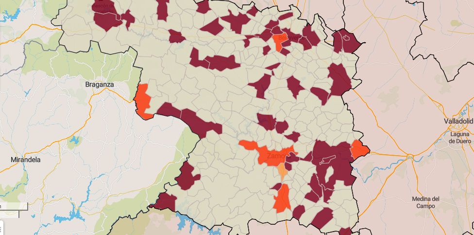 Mapa de la incidencia en los municipios de Zamora este viernes