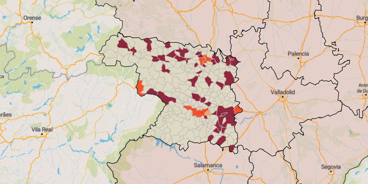 Mapa de la incidencia en los municipios de Zamora este sábado