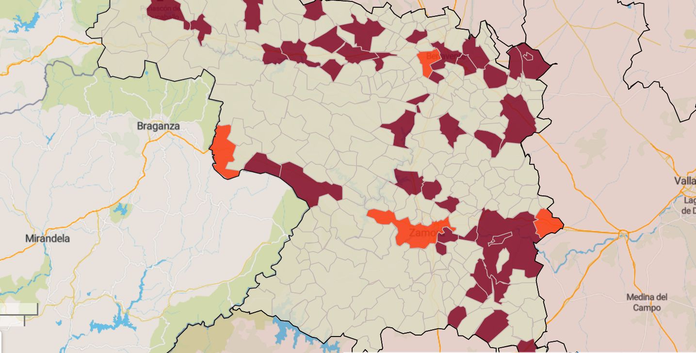 Mapa de la incidencia en los municipios de Zamora este domingo