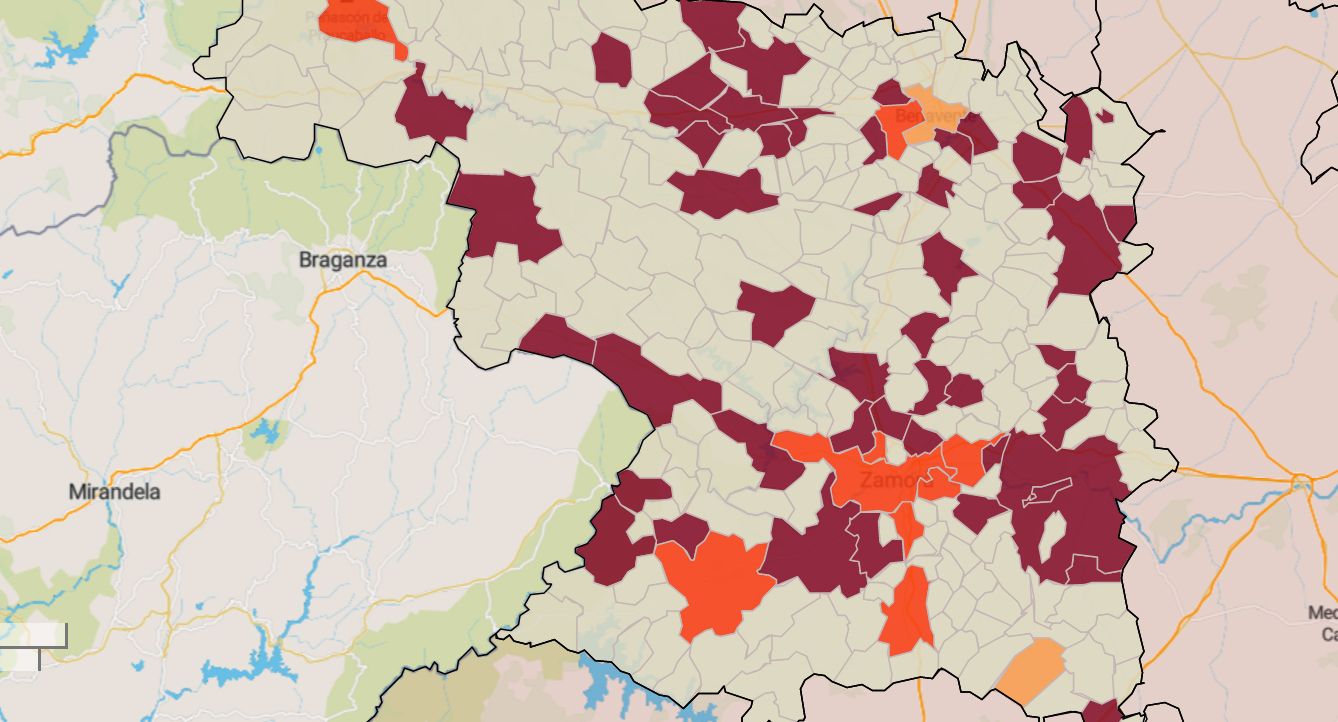 Mapa de la incidencia en los municipios de Zamora este lunes