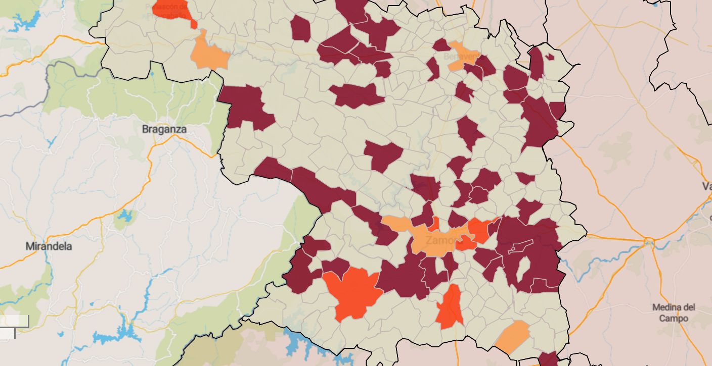 Mapa de la incidencia en los municipios de Zamora este martes