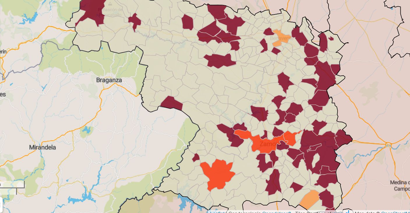 Mapa de la incidencia en los municipios de Zamora este jueves