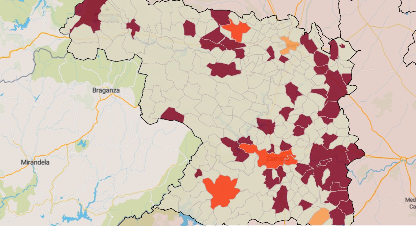 Mapa de la incidencia en los municipios de Zamora este viernes