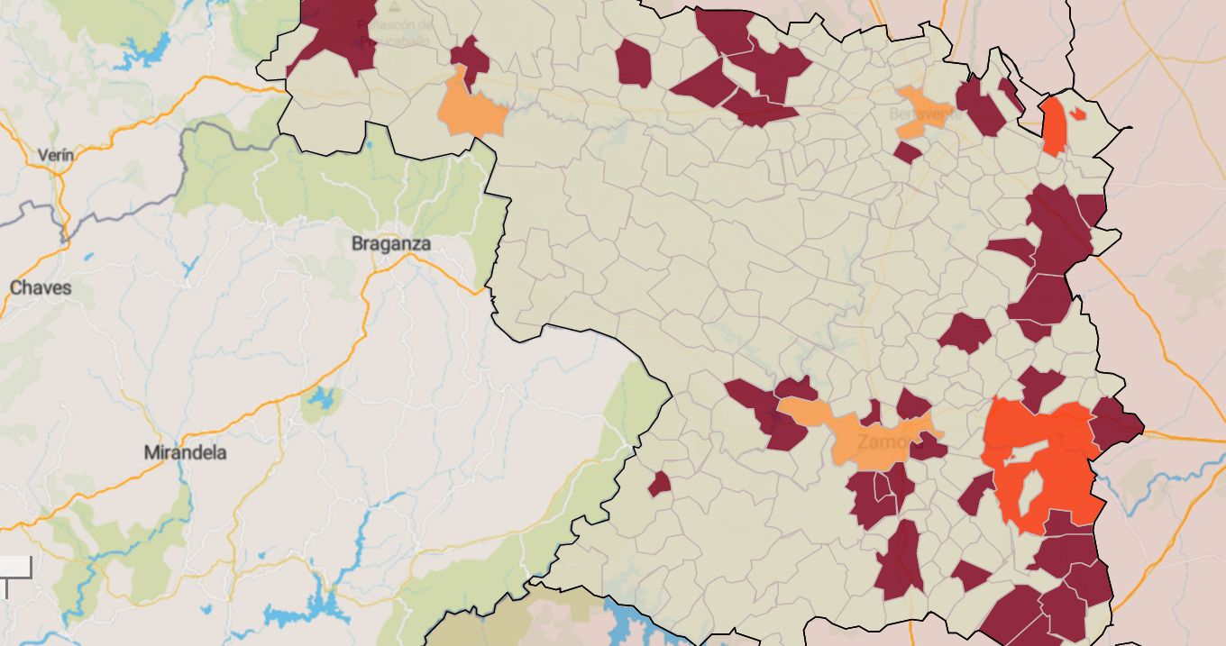 Mapa de la incidencia en los municipios de Zamora este lunes