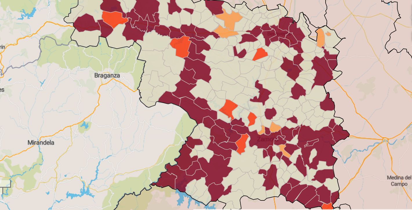 Mapa de la incidencia en los municipios de Zamora este jueves