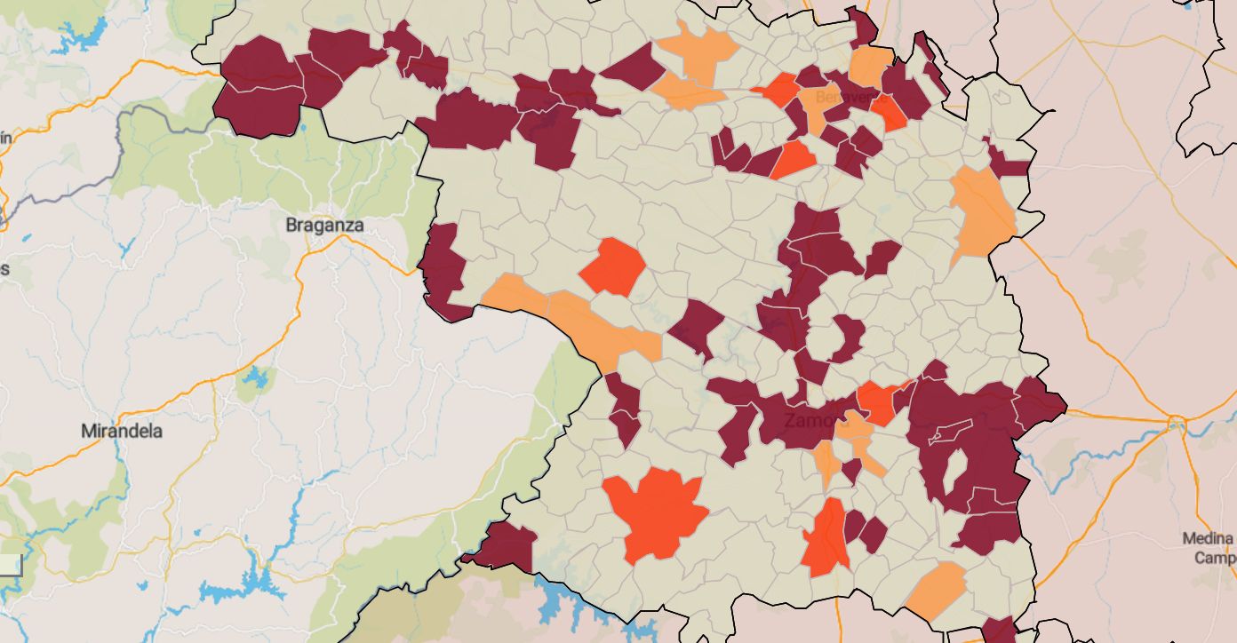 Mapa de la incidencia en los municipios de Zamora este lunes