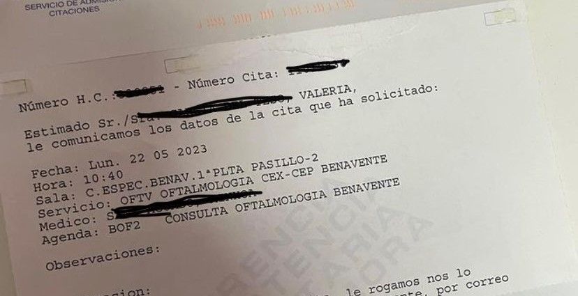 Detalle de la cita para el oftalmólogo dentro de un año