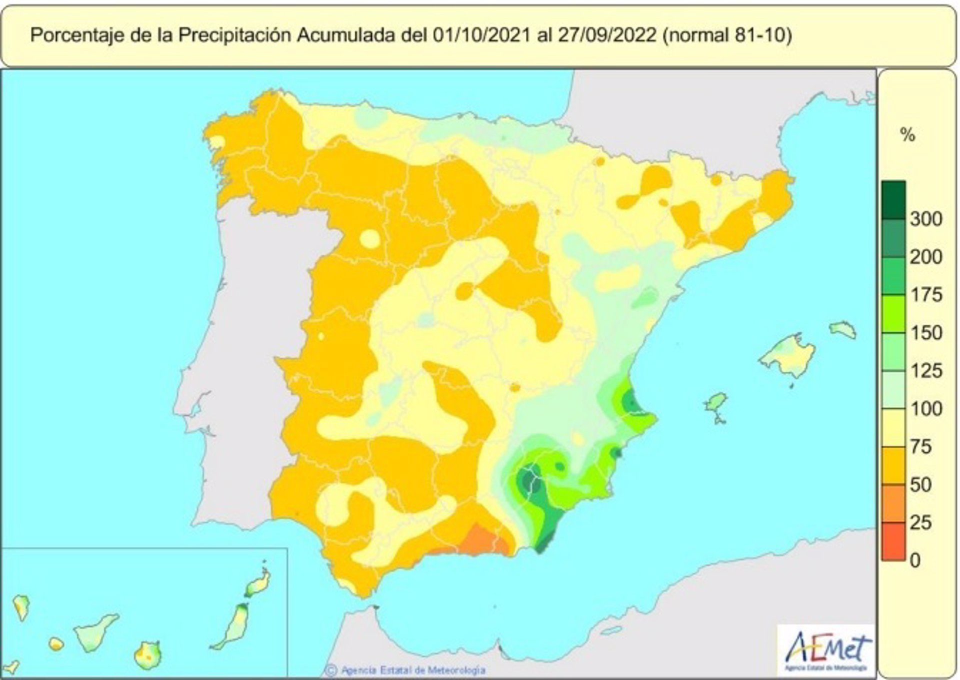 Las lluvias acumuladas entre el 1 de octubre de 2021 y el 27 de septiembre de 2022 están un 26% por debajo de los valores normales.   AEMET