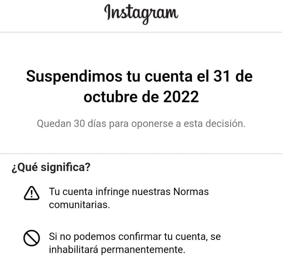 Mensaje que les aparece a los usuarios cuya cuenta ha sido suspendida.