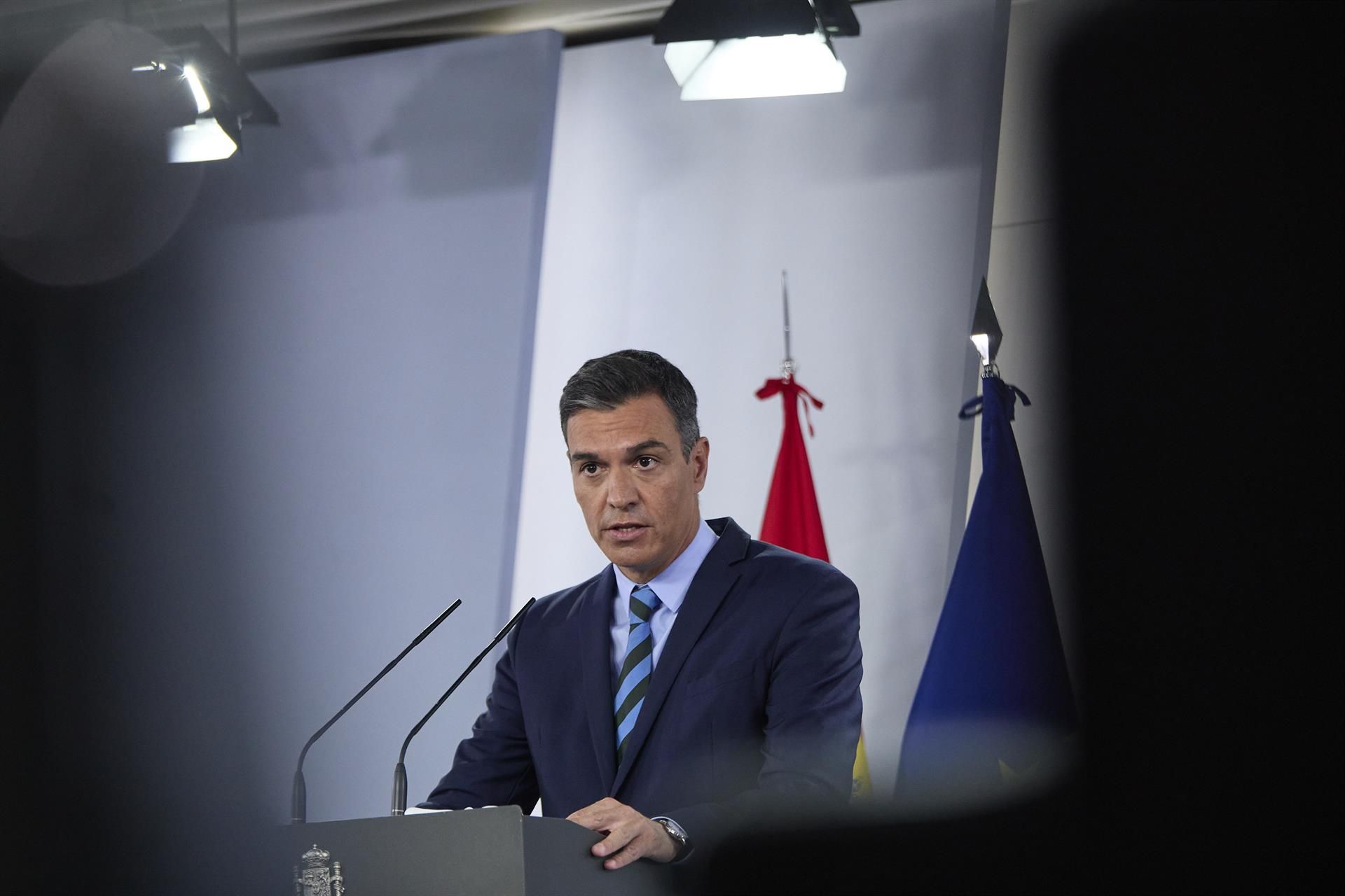 El presidente del Gobierno, Pedro Sánchez, durante una comparecencia en el Palacio de la Moncloa. EP