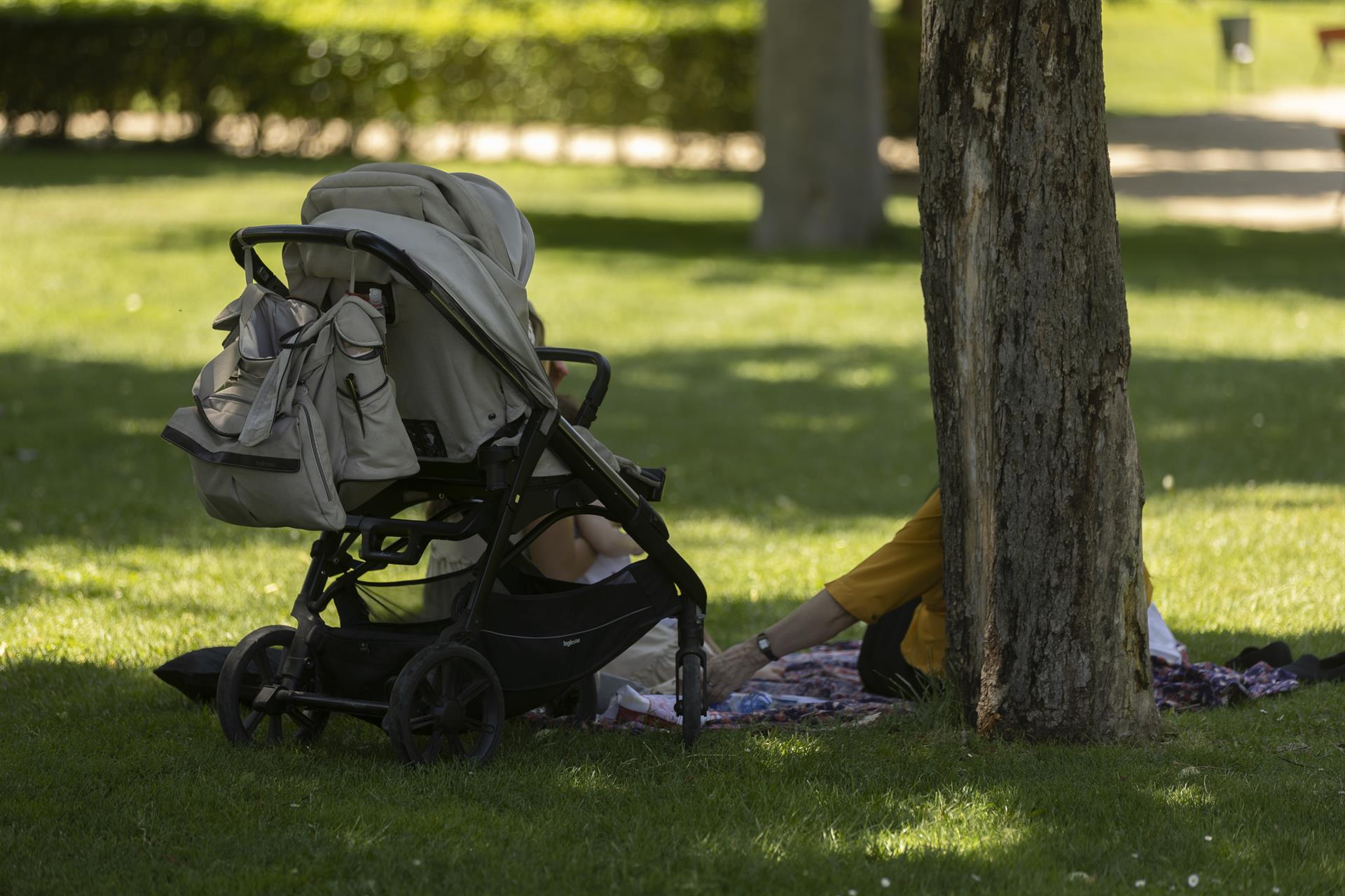 Una familia en un parque con un carrito de bebé EP