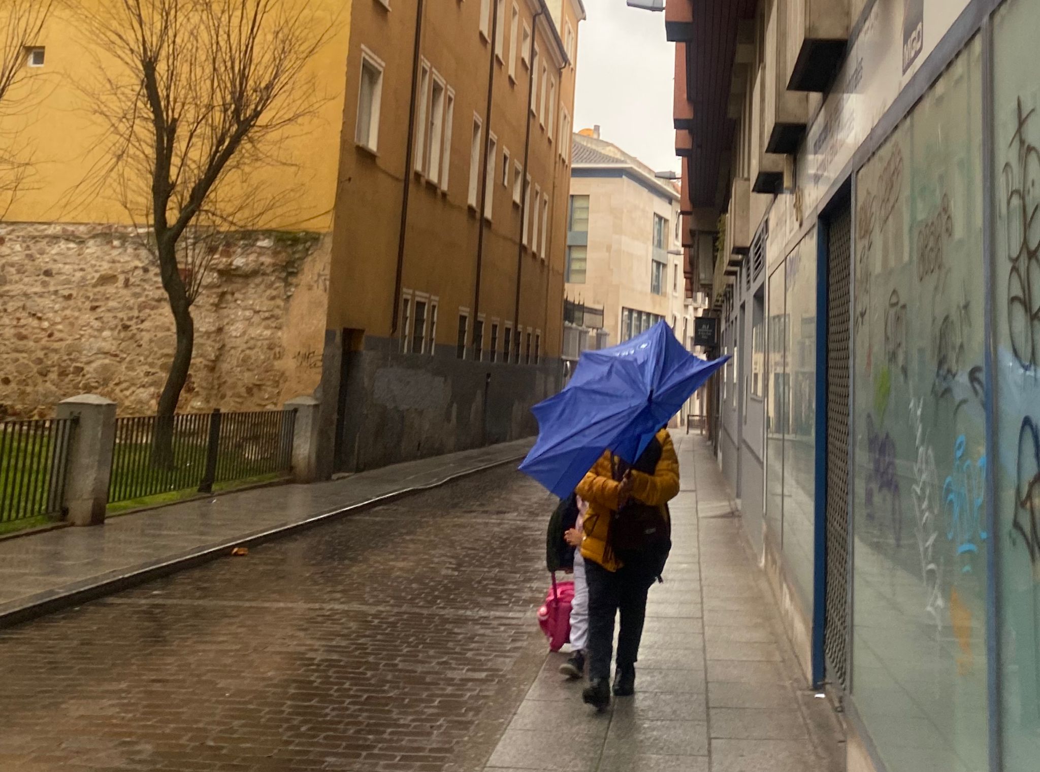 Una mujer trata, a duras penas, de mantener su paraguas frente a la lluvia en Zamora. Mal tiempo, alerta.