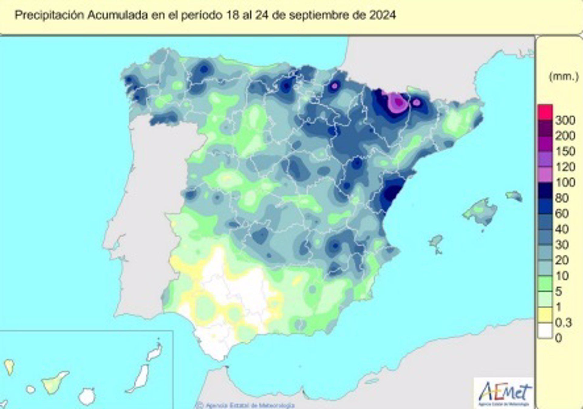 Las lluvias en España están un 5% por encima de su valor normal a menos de una semana del cierre del año hidrológico.   AEMET