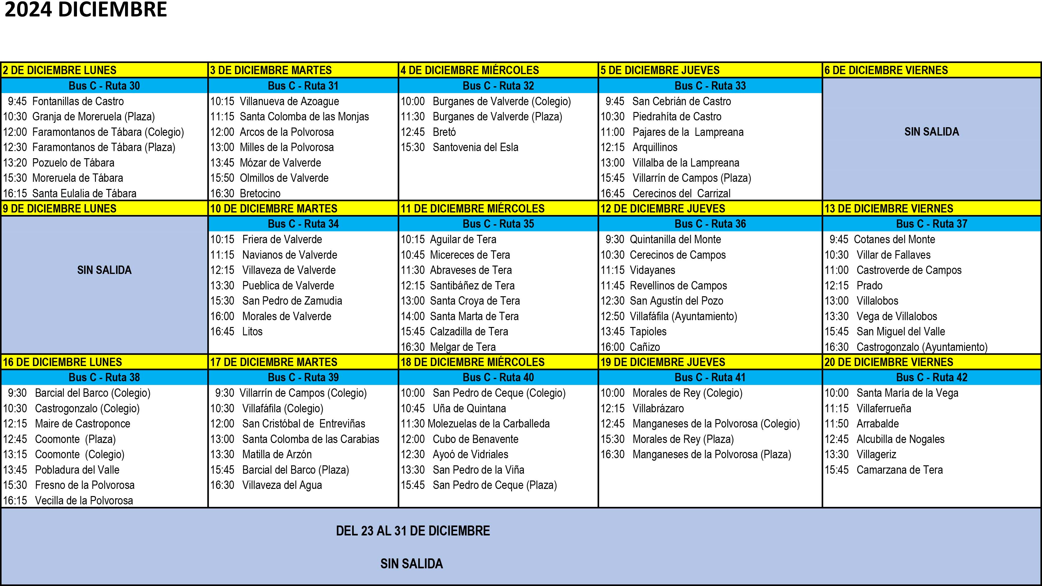 Ruta del bibliobús en diciembre