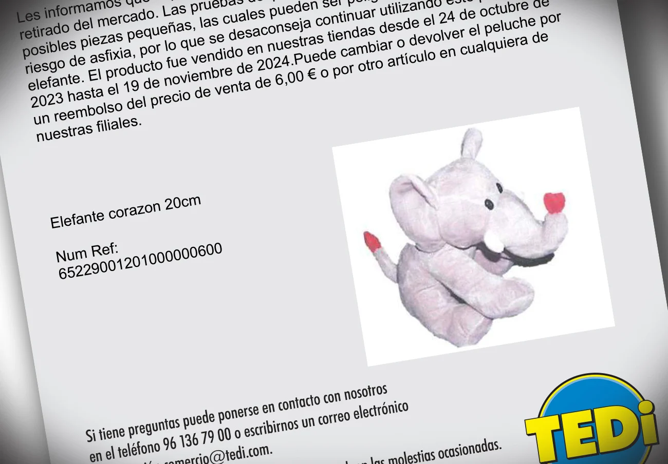 Tedi retira un elefante rosa de peluche por riesgo de asfixia al contener piezas pequeñas