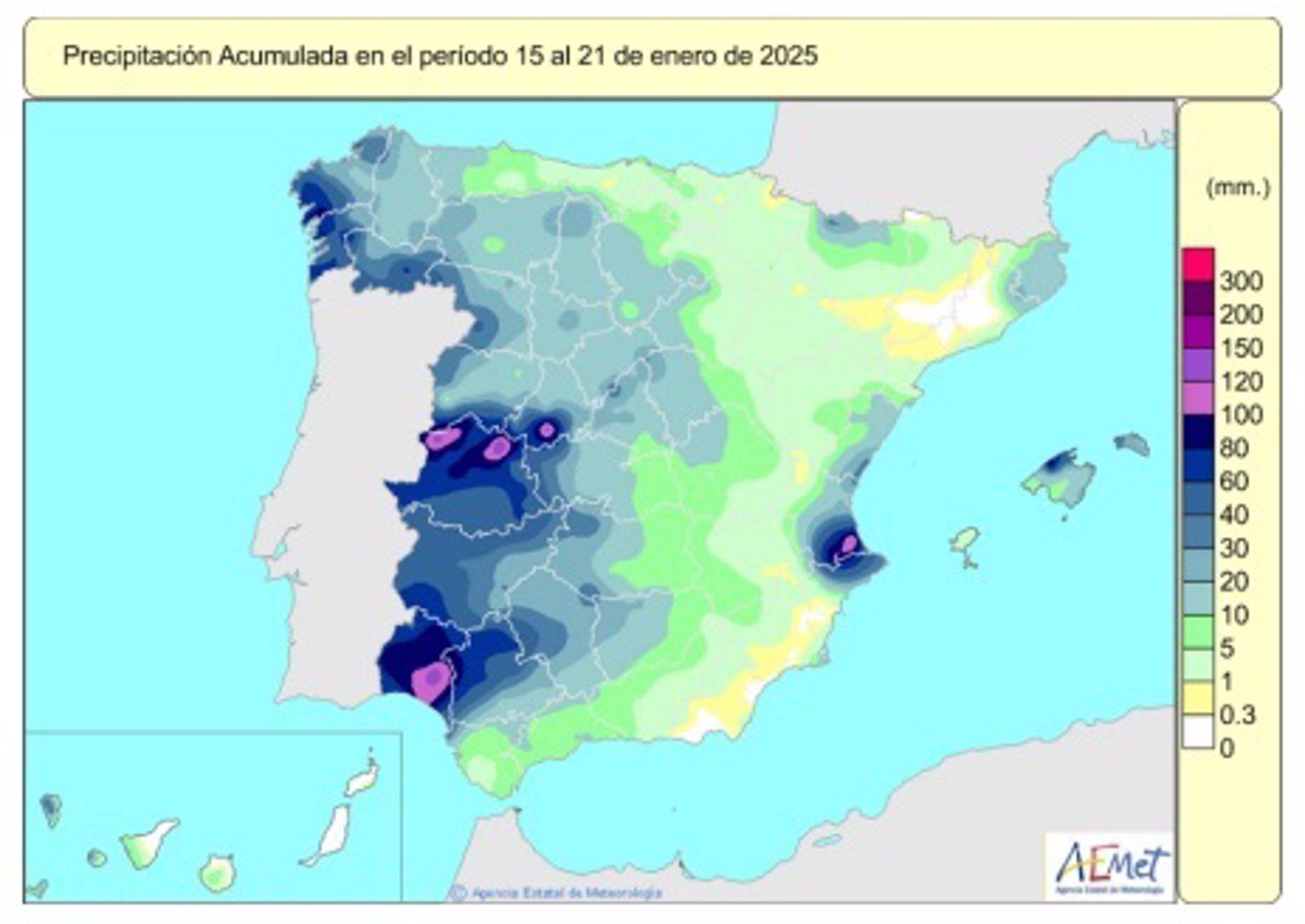 Las lluvias acumuladas desde octubre se cifran en 250 lm2, alrededor de un 8% menos de lo normal.   AEMET